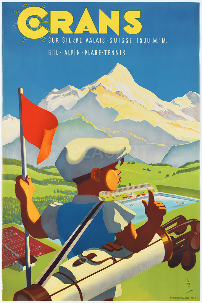Crans sur Sienna Valais – Swiss Vintage Travel Golf, Tennis Poster by Peikert.1  943