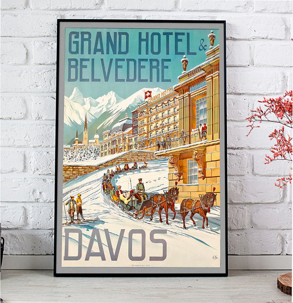 Davos, Grand Hôtel & Belvédère. Swiss Vintage Travel Poster 1912