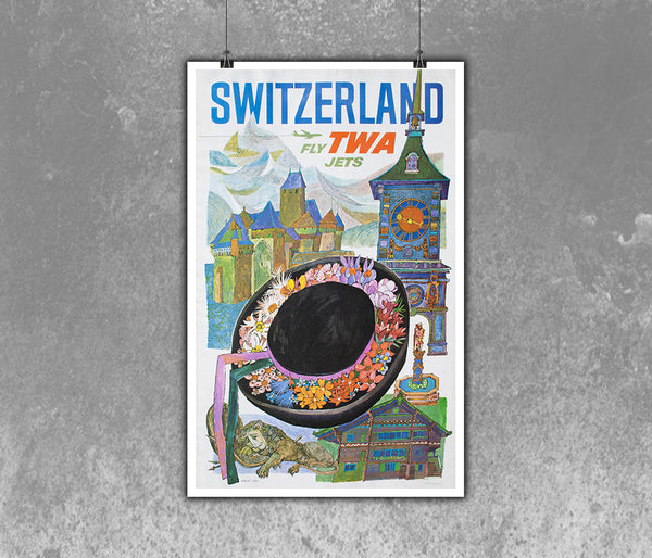 Fly TWA Jets (Switzerland) 1960s Poster by David Klein