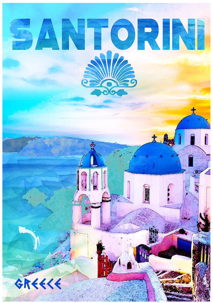 Santorini Island  Greece, Poster Watercolour.