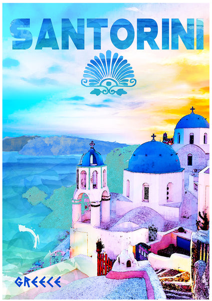 Santorini Island  Greece, Poster Watercolour.