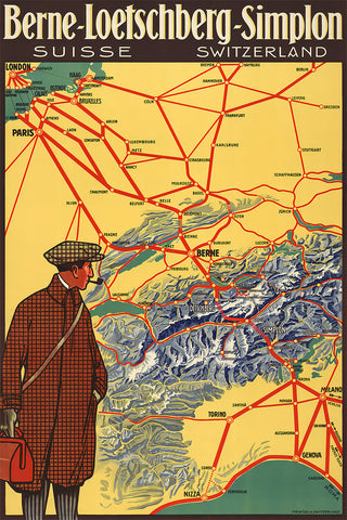 Berne - Loetschberg - Simplon, Suisse Switzerland Vintage Travel Poster<br>1920