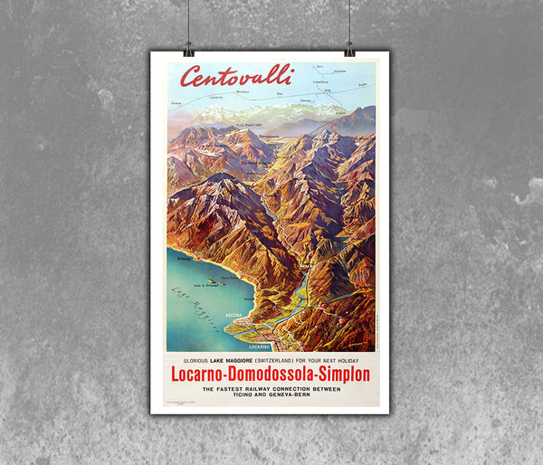 Centovalli Swiss Vintage Travel Poster, Holiday in the Lake by Berann 1965