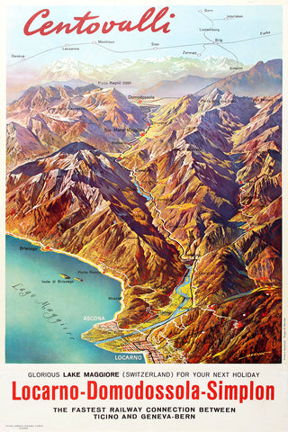 Centovalli Swiss Vintage Travel Poster, Holiday in the Lake by Berann 1965