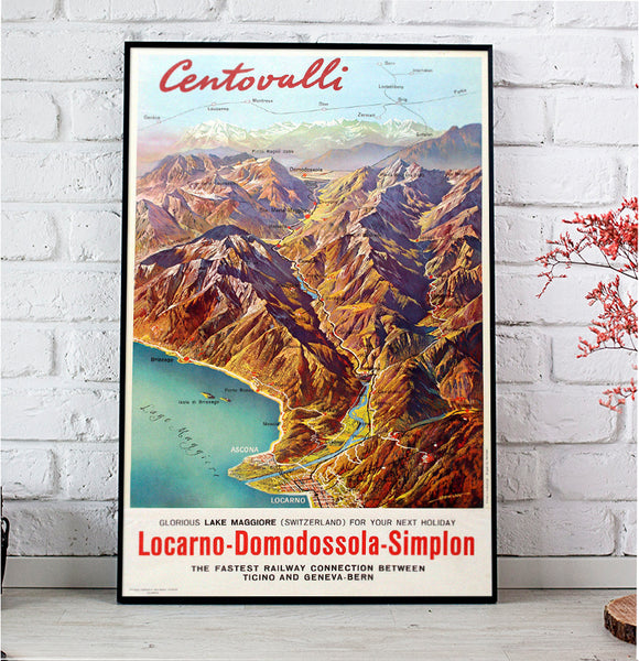 Centovalli Swiss Vintage Travel Poster, Holiday in the Lake by Berann 1965