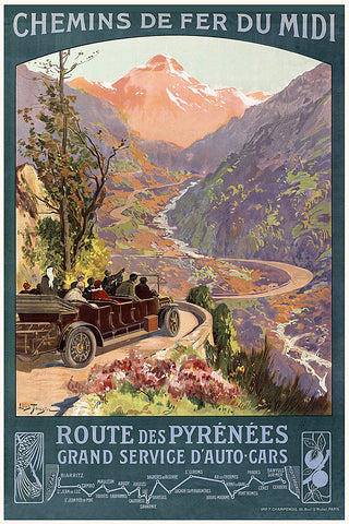 Route de Pyrenees Grand Service d'AutoCars Vintage Travel Poster