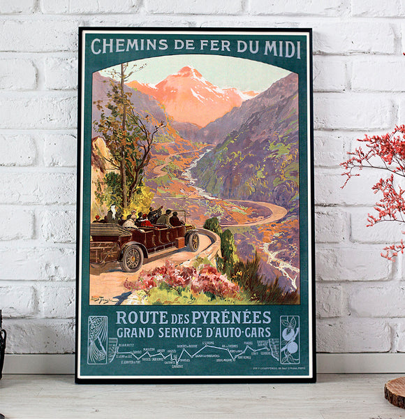 Route de Pyrenees Grand Service d'AutoCars Vintage Travel Poster