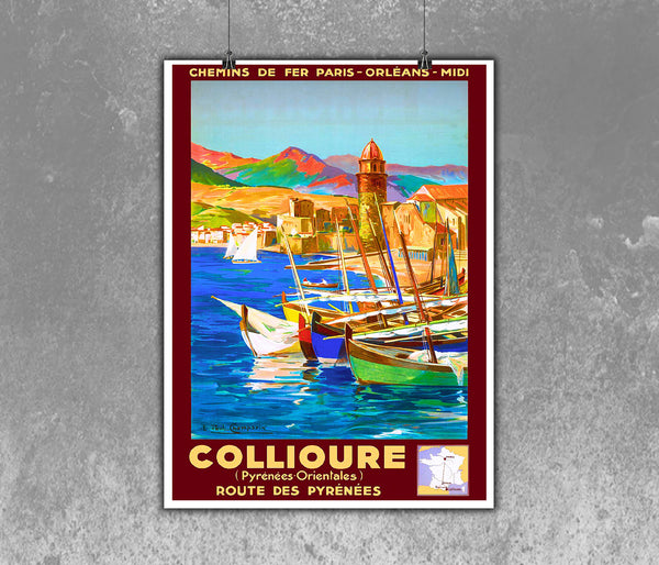 Collioure Route de Pyrenees. Vintage Travel Poster