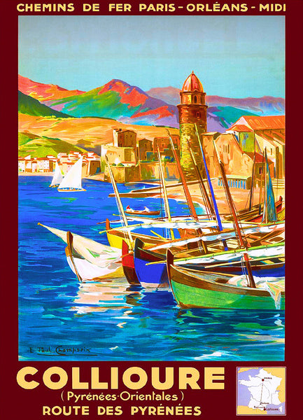 Collioure Route de Pyrenees. Vintage Travel Poster