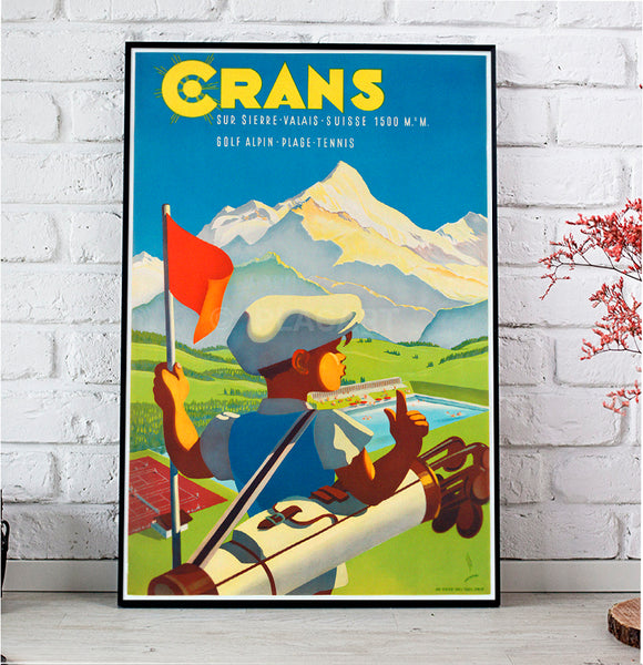 Crans sur Sienna Valais – Swiss Vintage Travel Golf, Tennis Poster by Peikert.1  943