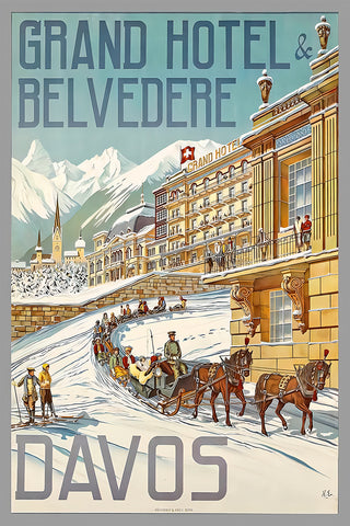 Davos, Grand Hôtel &amp; Belvédère. Swiss Vintage Travel Poster 1912