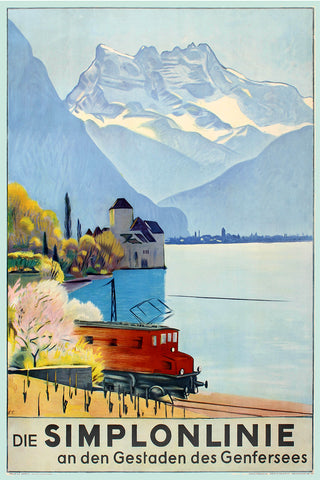 The Simplon Line on the shores of Lake Geneva. Swiss Vintage Poster in German