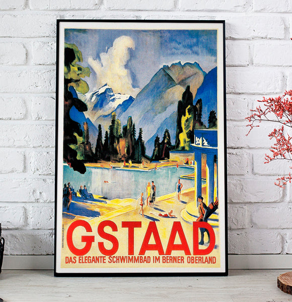 Gstaad Das elegante schwimmbad im Berner Oberlandd vintage poster