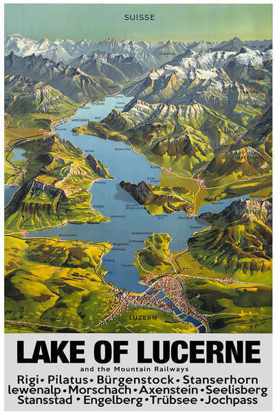 Lake of Lucerna The Mountain Railways Vintage Travel Poster