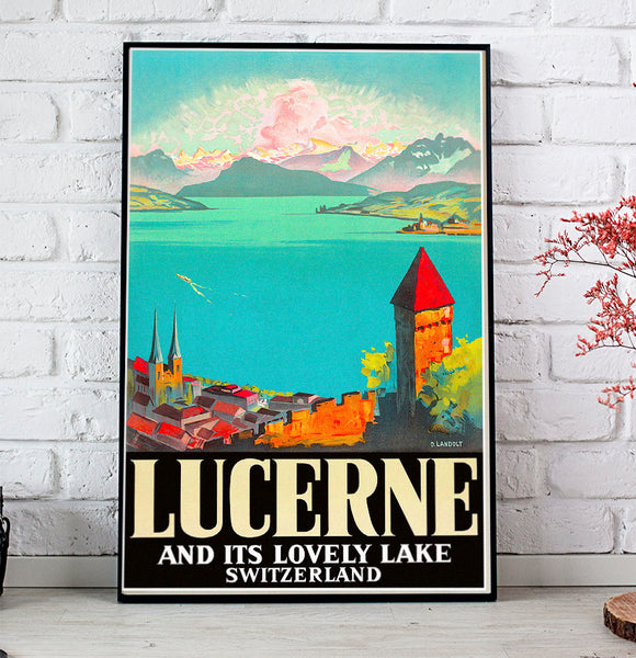 Lucerne and its lovely lake. Swiss Vintage Travel Poster