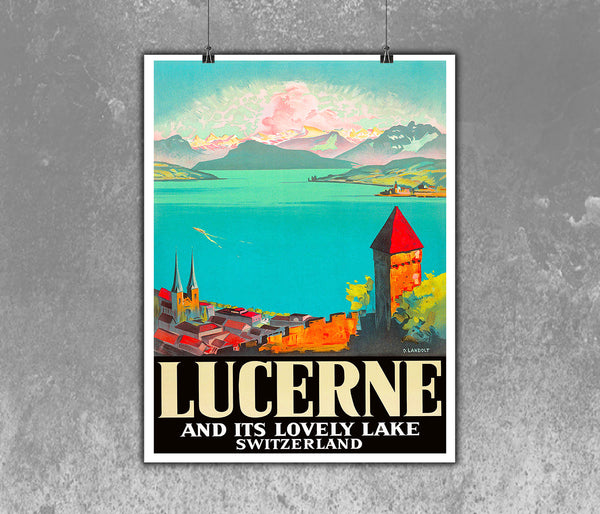 Lucerne and its lovely lake. Swiss Vintage Travel Poster