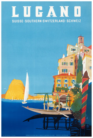 Lugano Lake Vintage Swiss Poster    Lugano - Suisse Southern Switzerland Schweiz - Lake Lugano - Vintage Travel Poster by Leopoldo Metlicovitz c.1958