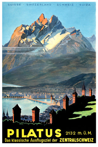 Pilatus 2132 m. Das Klassische Austlugszile der ZentralSchweiz- Vintage Travel Poster