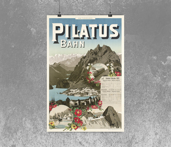 Pilatus Bahn, Sommer - Fahrplan 1892 Vintage Travel Poster  by Johannes Weber