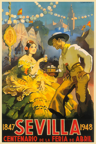 Sevilla Festival Poster Feria de Abril 1948  Vintage, whimsical 1948 advertising poster by Braulio Ruiz Sanchez