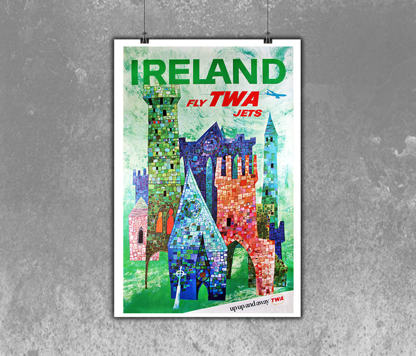 Ireland, Fly TWA Jets. Up Up and Away Vintage Travel Poster