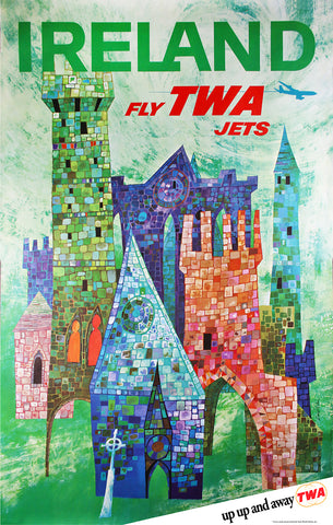 Ireland, Fly TWA Jets. Up Up and Away Vintage Travel Poster