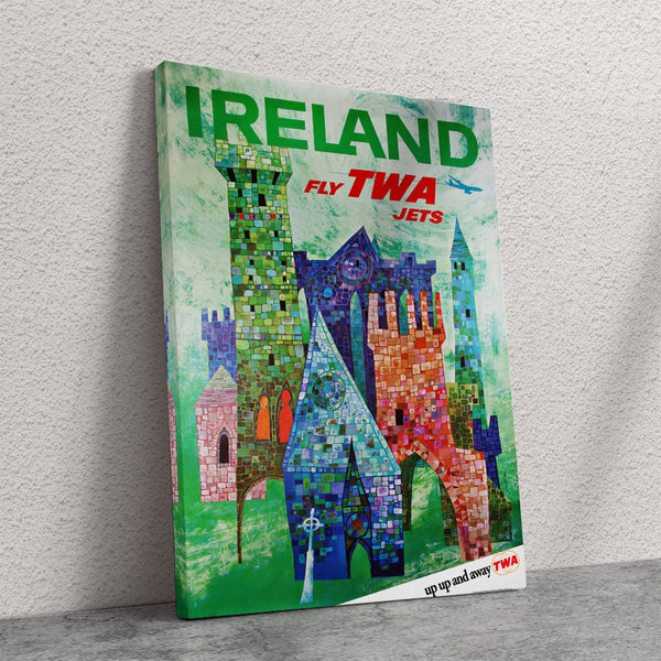 Ireland, Fly TWA Jets. Up Up and Away Vintage Travel Poster Canvas