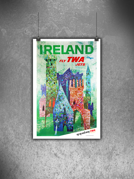 Ireland, Fly TWA Jets. Up Up and Away Vintage Travel Poster