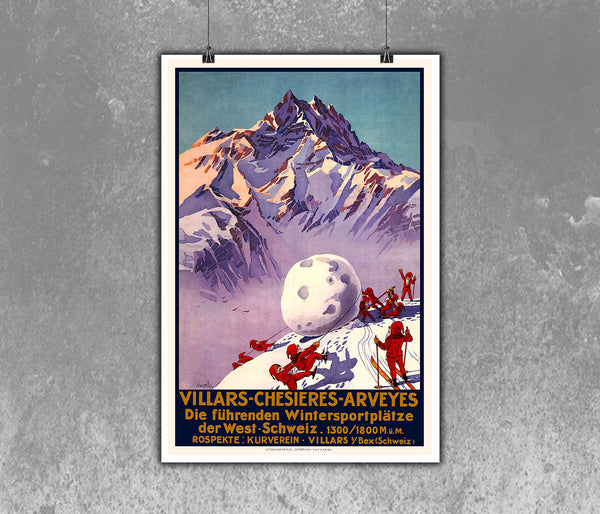 Villars - Chesières - Arveyes - Bretaye, le centre des sports en Suisse Romande Poster by Flemwell 1928