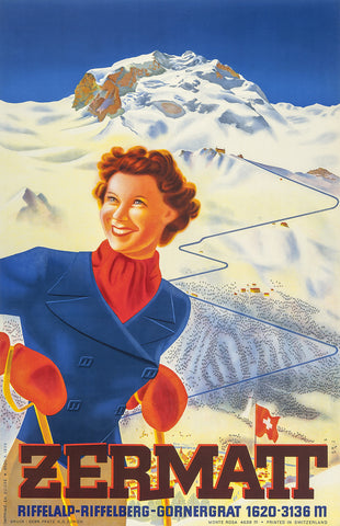 ZermattRiffelalp-Riffelberg-Gornergrat.  Swiss Vintage Winter Sports Poster