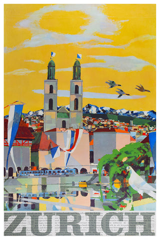 Zurich Switzerland Vintage Travel Poster 1950s.