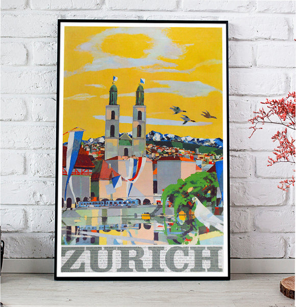 Zurich Switzerland Vintage Travel Poster 1950s.