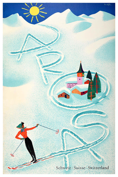 Arosa Vintage Ski Poster Switzerland by Donald Brun in 1950s