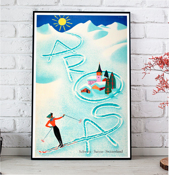 Arosa Vintage Ski Poster Switzerland by Donald Brun in 1950s