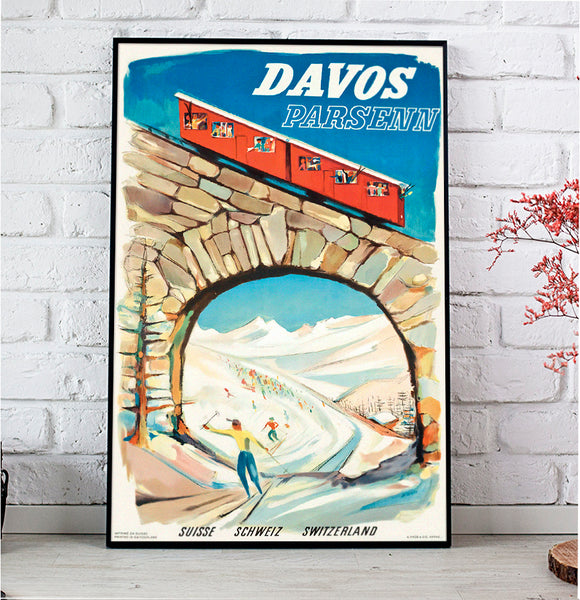 Davos, Parsenn, Railway Bridge. Swiss Vintage Travel Poster 