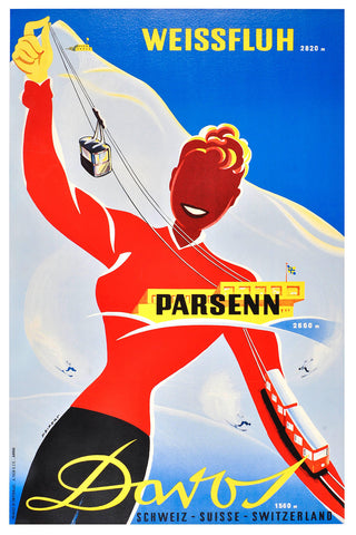 Davos,Vintage Ski Winter Sports Resort Poster  Weissfluh Swiss by  Peikert 1931