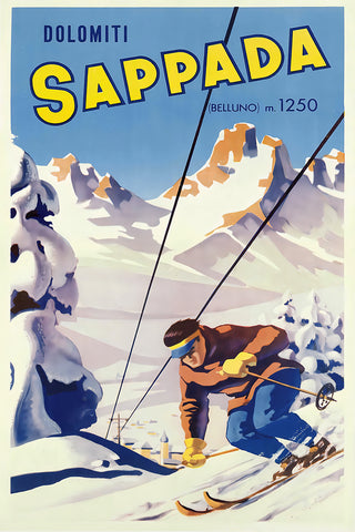 Dolomiti Sappada, Italien Vintage Winter Sports Poster   This enticing Italian ski poster touts the cozy mountain village of Sappada in the Belluno province of the Dolomite mountains. It's still famous for skiing, snowboarding, ice skating, and hiking.