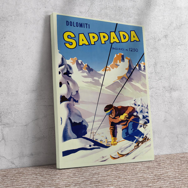 Dolomiti Sappada, Italien Vintage Winter Sports Poster   This enticing Italian ski poster touts the cozy mountain village of Sappada in the Belluno province of the Dolomite mountains. It's still famous for skiing, snowboarding, ice skating, and hiking. Canvas