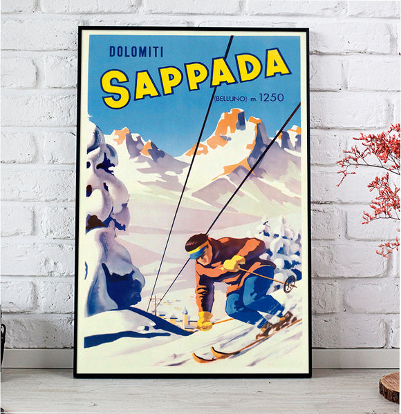 Dolomiti Sappada, Italien Vintage Winter Sports Poster   This enticing Italian ski poster touts the cozy mountain village of Sappada in the Belluno province of the Dolomite mountains. It's still famous for skiing, snowboarding, ice skating, and hiking.