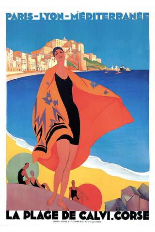 La Plage de Calvi. Corse. 1928.  Vintage French  Travel Poster