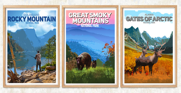 U.S. National Parks 3 Poster (3 Poster Print or Canvas)(Rocky Mountain, Great Smoky Mountain or choose your three favorite Posters)