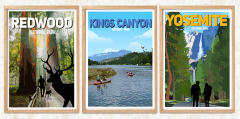 National Park3 Poster 3 Poster (3 Poster Print or Canvas)(Redwood, King's Canyon and Yosemite or  choose your 3 favorite Posters)
