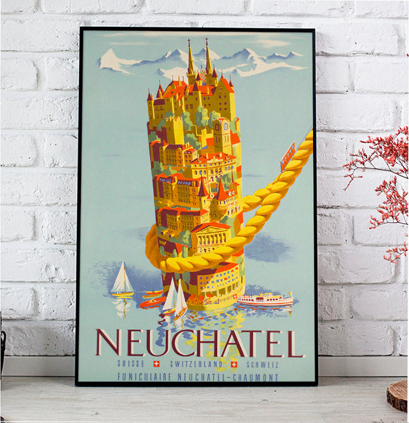 Neuchatel - Chaumont Funiculaire Service. Swiss Vintage Travel Poster