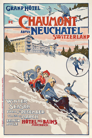 GRAND HÔTEL DE CHAUMONT, NEUCHATEL Swiss Vintage Travel Poster by Baud 1905