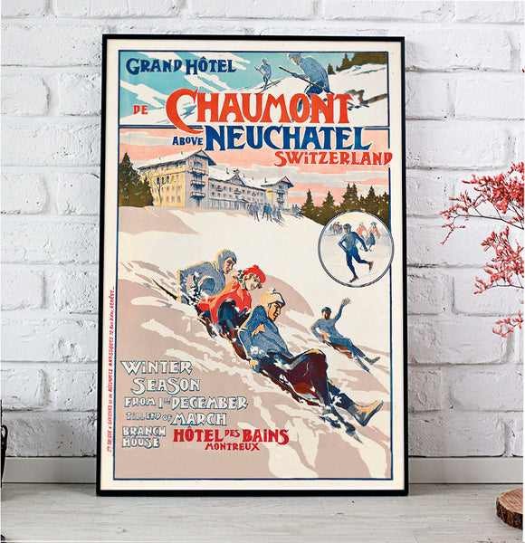 GRAND HÔTEL DE CHAUMONT, NEUCHATEL Swiss Vintage Travel Poster by Baud 1905