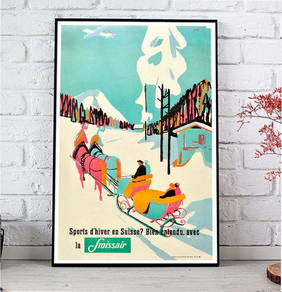 wissair, Winter Sports in Swiss, Of Course with Swissair.. Vintage Winter Sport Poster