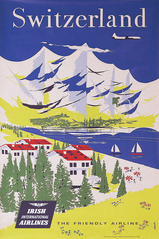 Switzerland:by Irısh Airlines The Friendly Airline Vintage Poster