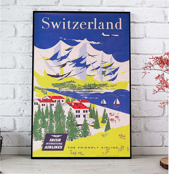 Switzerland:by Irısh Airlines The Friendly Airline Vintage Poster