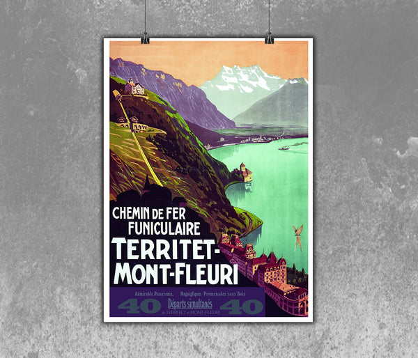 Territet-Mont Fleuri  Chemin de Fer and Funiculaire ... Vintage Poster