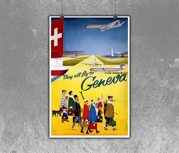 They all fly to Geneva, Switzerland SwissAir Vintage Travel Poster